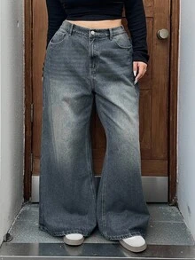 Dazy Plus Washed Loose Straight Leg Long Denim Jeans, Plus Size Women, All Season, Autumn