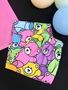 2 件套卡通彩色熊印花圆领长袖和长裤睡衣套装，适合年轻女孩