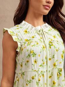 WESTFADE Ditsy Floral Printed Ruffle Mock Neck Bow Tie Lace Up Front Sleeveless Mini Dress Western Wear Women