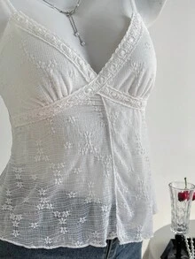 Comfortcana 女士优雅浪漫白色刺绣吊带背心