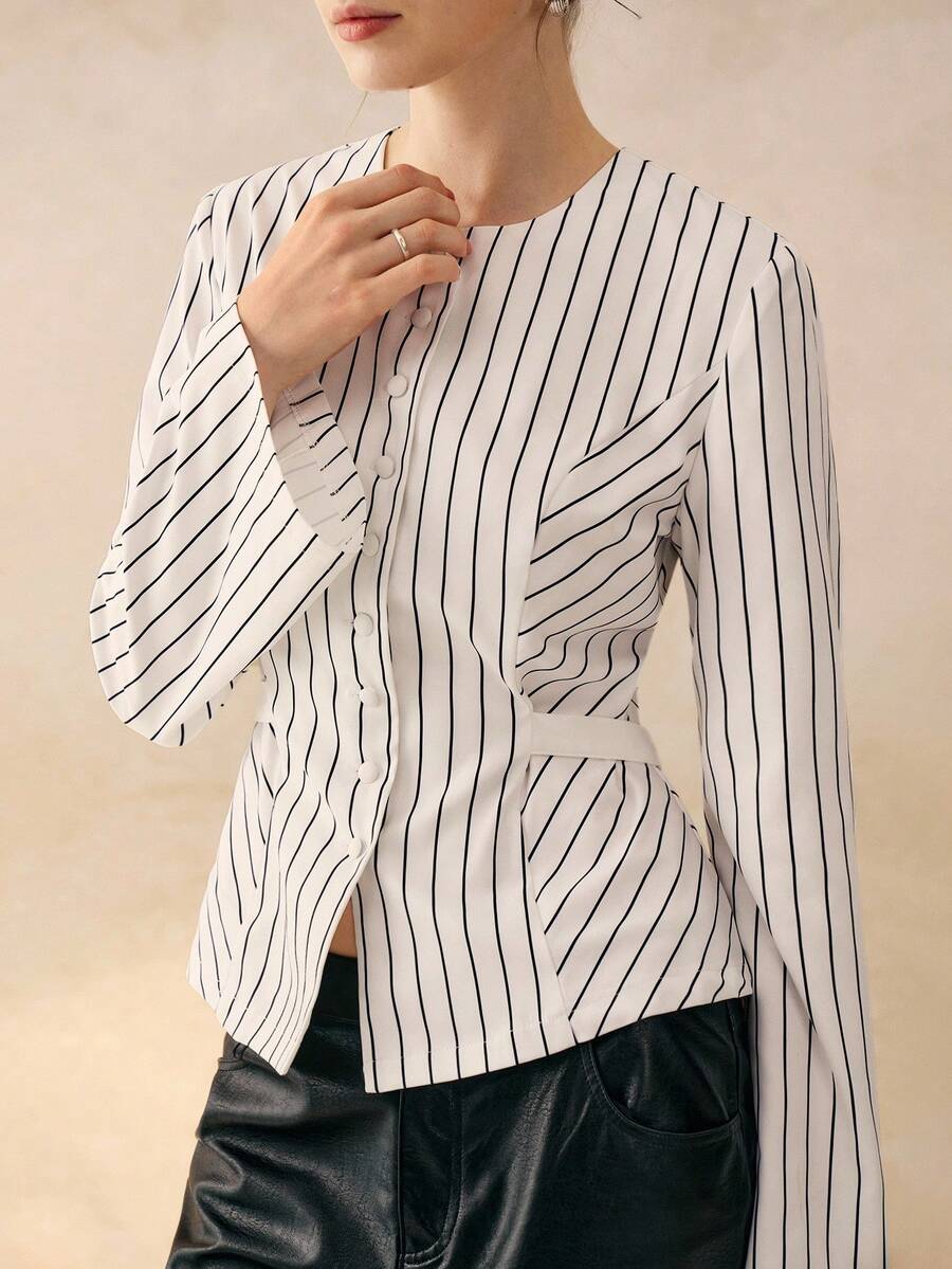 Cévolie 女式复古法式条纹圆领收腰长袖衬衫，秋冬