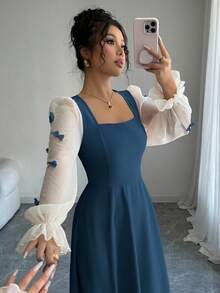 Modelyn 女式异质面料拼接蝴蝶结装饰3D花卉腰部收腰中长连衣裙 - 藏蓝色 - 查看 5