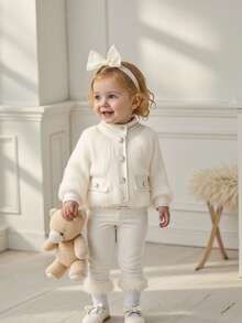 SHEIN Áo khoác tay dài phối túi giả họa tiết hoa trơn màu cho bé gái. Viền áo được trang trí họa tiết hoa, kết hợp với thiết kế túi giả, thanh lịch và phóng khoáng. Kiểu dáng tay dài cổ điển, đơn giản và thời trang. Dù đưa bé đi chơi hay dự tiệc, chiếc áo khoác mềm mại này sẽ giúp bé trở thành tâm điểm chú ý. - trắng - Xem 6