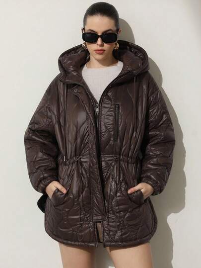 Aveloria Modichic Women's Checkered Cinched Waist Design Casual Everyday Padded Coat With Zipper Decoration, Brown, Autumn/Winter