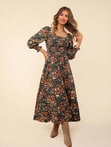 Coeurva Floral Print Square Neck Flounce Sleeve Ruffle Hem Dress - Green - View 6