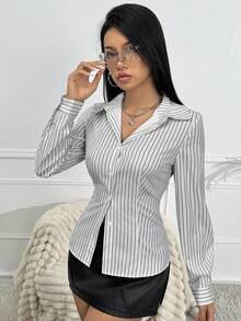 Almamuse Petite 女式长袖条纹领扣衬衫、女式衬衫、长袖上衣 - 彩色 - 查看 5