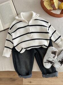 SHEIN LMoss Kids Young Boys' Autumn/Winter High Collar Striped Zip-Up Cardigan Sweater, Versatile For Home, School, Outings, Beige & Black Fall