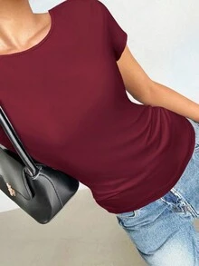 Siren Gaze Áo thun nữ hở lưng phối ren vai thường, kiểu Mỹ, xếp ly ôm sát, tay ngắn, thích hợp cho mùa hè, màu đỏ, Giáng sinh, Năm mới, màu đỏ tía, phong cách thường ngày, Ngày Valentine. - Màu Đỏ Sâu - Xem 3