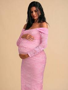 MaterniChic Elegant Party Solid Color Lace Off-Shoulder Maternity Dress - Pink - View 6