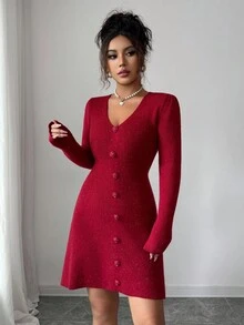 Elenzga Women's Autumn/Winter New Rose Button Decor V-Neck Fitted Shiny Knit Mini Sweater Dress