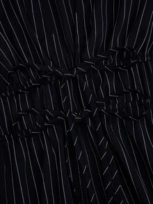 Sweetra Front Tie Deep V Slit Flare Sleeve Cinched Waist Fitted Brown & White Striped Casual, Commute, Date Night Elegant Relaxed Blouse Top, Plus Size - Navy Blue - View 4