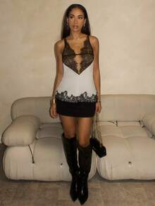 Glamine Women's Sexy Lace Patchwork Elegant Party Camisole, Autumn/Winter See Through Top Lace Top Lace Tank Lacy Top Lace Undershirt - Black and White - View 4