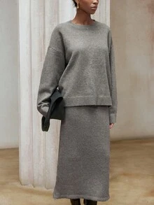 Aveloria Modichic 2pcs/Set Autumn/Winter Slouchy Long Sleeve Crew Neck Sweater & Bodycon Skirt Set - Camel - View 5