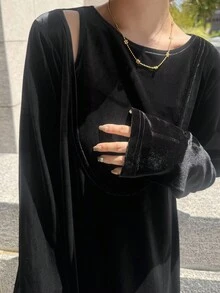 FRIFUL 女士天鹅绒无袖拼接宽松直筒长连衣裙，秋季 - 黑色 - 查看 1