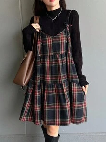 FRIFUL 女式格纹肩带蝴蝶结交叉 A 字形多层拼接休闲背心，秋季