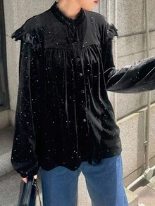 FRIFUL 女士荷叶边领天鹅绒水钻装饰休闲宽松衬衫，秋季可爱长袖亮片上衣 - 黑色 - 查看 4