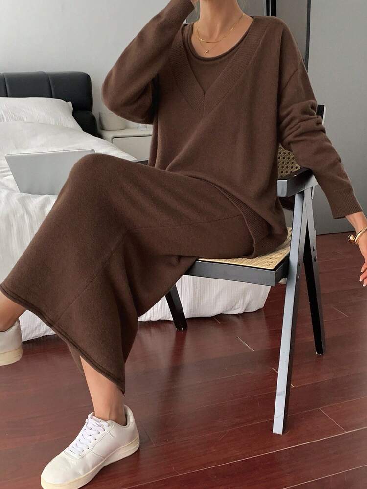 2pcs Set: Long Tank Dress + V-Neck Sweater