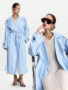 Lumivelle 女士时尚通勤系带腰部风衣浅蓝色风衣女士女士风衣蓝色风衣 - 淺藍色 - 查看 1