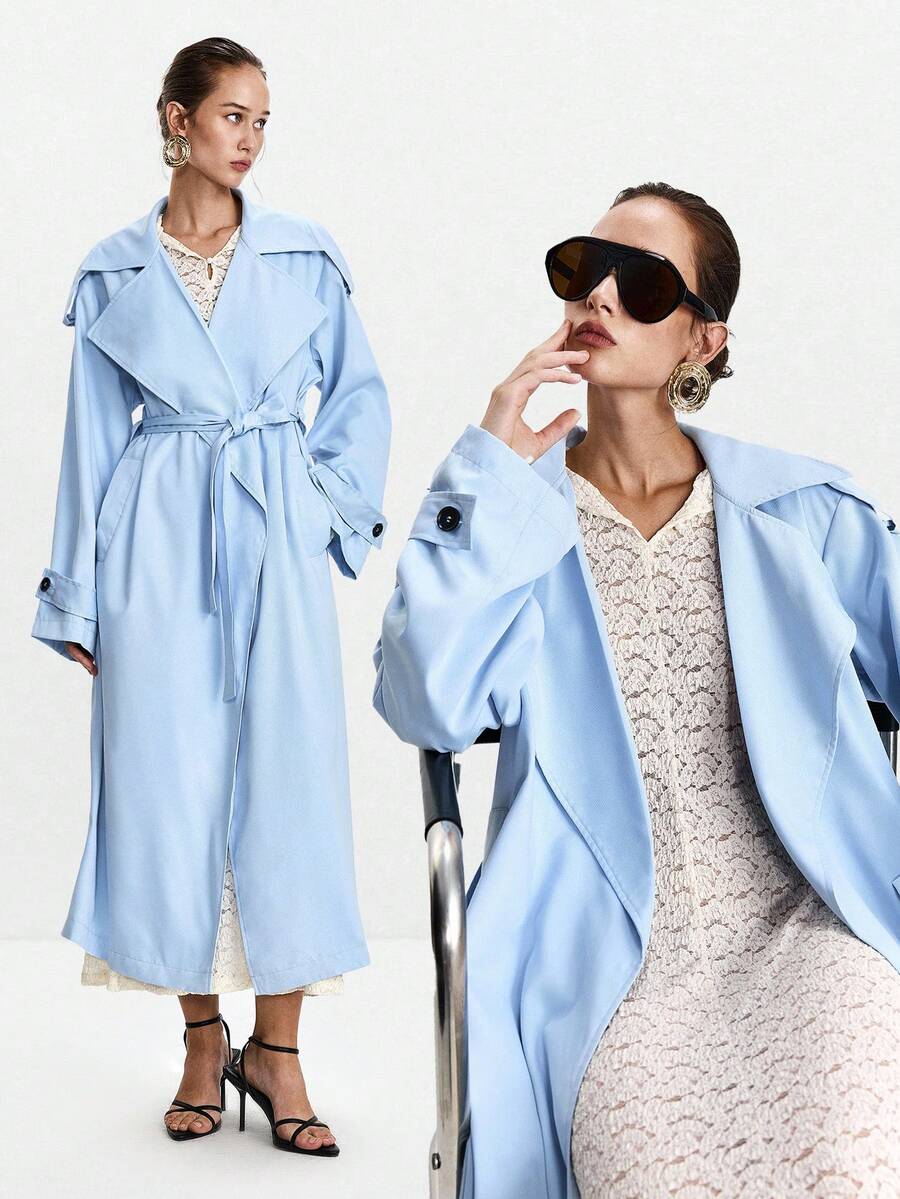 Lumivelle 女士时尚通勤系带腰部风衣浅蓝色风衣女士女士风衣蓝色风衣 - 淺藍色 - 查看 1