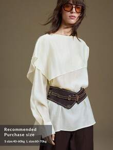 Ontre 优雅风格，简约设计，包含亚麻、醋酸纤维、天丝面料，奶油黄色，长袖，船领，双层领口，宽松版型，女式 T 恤，女式上衣，秋季服装，日常穿着，休闲装，商务休闲装 - 奶油色 - 查看 2