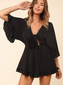 Coeurva Holiday Solid Color Batwing Sleeve, Ruffle Hem, Tie Waist Jumpsuit - Black - View 4