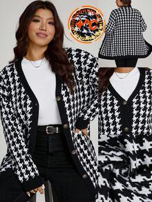 Comfylo Plus Size Casual Houndstooth Pattern Cardigan, Suitable For Work And Leisure, Autumn/Winter Button Up Cardigan Black And White Cardigan, Fall Winter Going Out