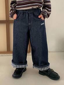 DAZY Toddler Boys' Loose Straight Leg Casual Jeans, Letter Embroidery & Plaid Patchwork, Autumn - Dark Wash - View 3