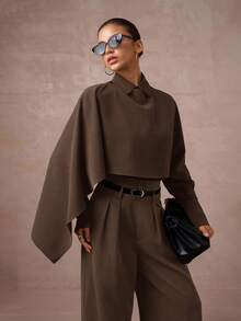 Lumalex 秋冬款女士高腰收腰中长款西装外套（披肩袖）2 件套 - 咖啡棕 - 查看 1