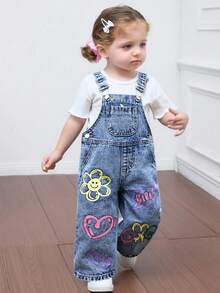 Quần yếm denim xanh cho bé gái có họa tiết hoa mặt cười Graffiti - Rửa nhẹ - Xem 3