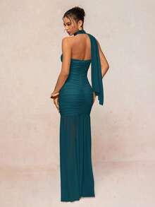 Lumalex Halter Neck Chiffon Flowy Ruched Bust Padded Bodycon Dress For Women - Teal Blue - View 8