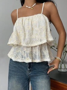 SHEIN Frenchy Women's Elegant Embroidered Lace Camisole,White Floral Double-Layered Ruffle Puffy Hem Top,Cream Summer Casual Vacation Top Suitable For All Seasons - Apricot - View 7