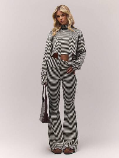 MUSERA Pantalones acampanados con detalles de broches en la cintura plegable, a rayas, para otoño, dinero viejo, estilo campestre lindo, de vuelta al colegio, casual, de estar en casa, para mujer, color caramelo, para invierno, Navidad, elegante