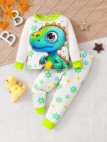 SHEIN 男婴 3D 恐龙夜光紫外线图案长袖防晒衣上衣和紧身裤两件套睡衣套装 - 杏色 - 查看 5