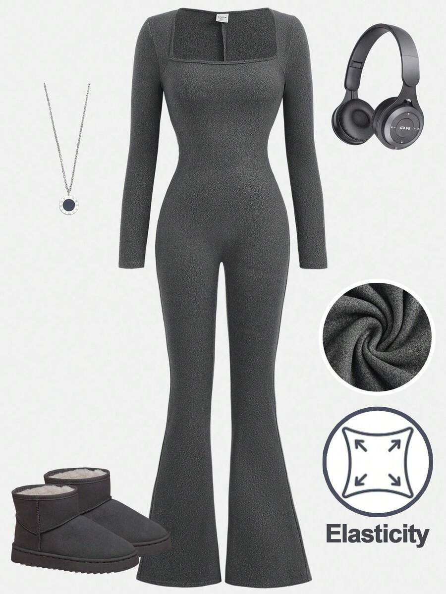 Girlism Teen Girls Square Neck Long Sleeve Flare Leg Jumpsuit/Halloween,Fall,Winter,Autumn,Christmas,Y2k,Summer,Pink - Grey - View 1