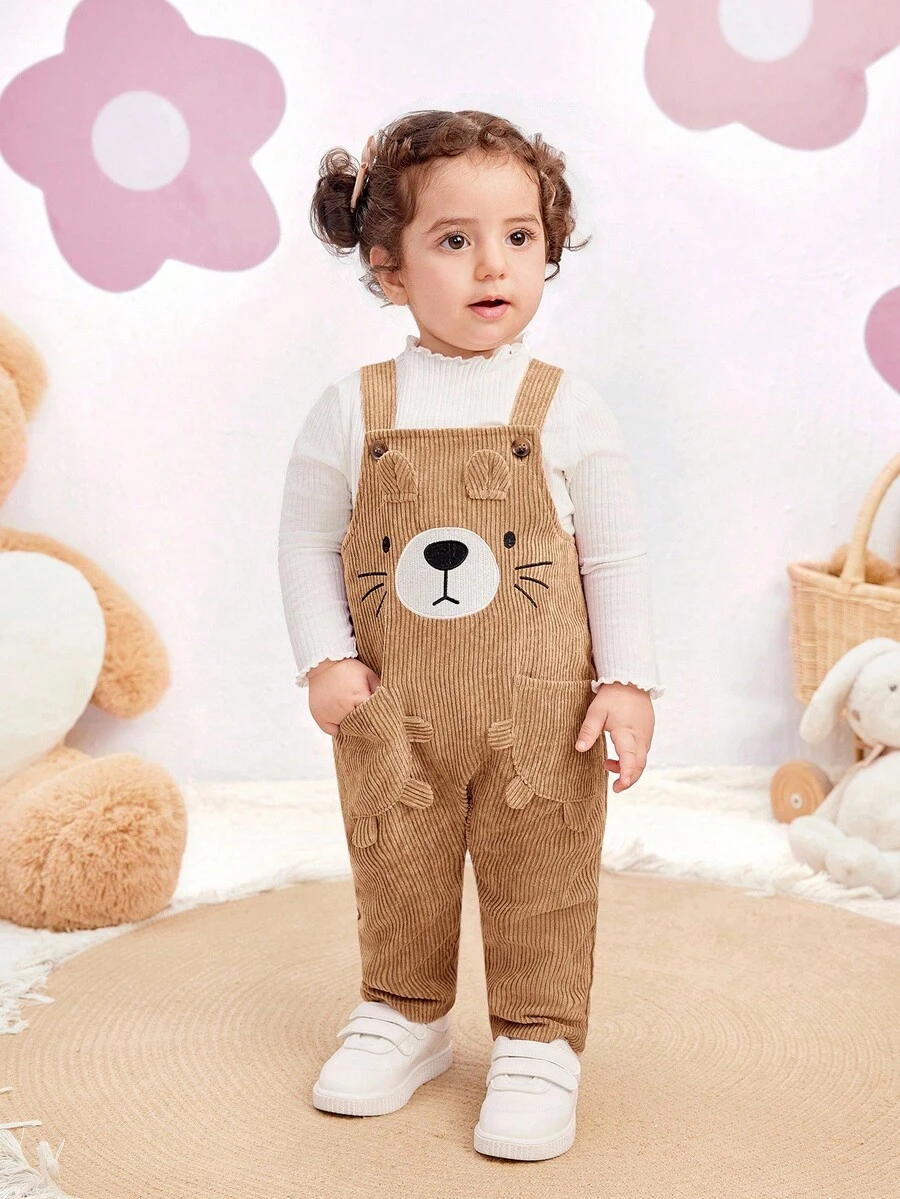 SHEIN Pelele de bebé recién nacido niña lindo y versátil con estampado de dibujos animados de pana, para otoño/invierno - Caqui - Ver 1