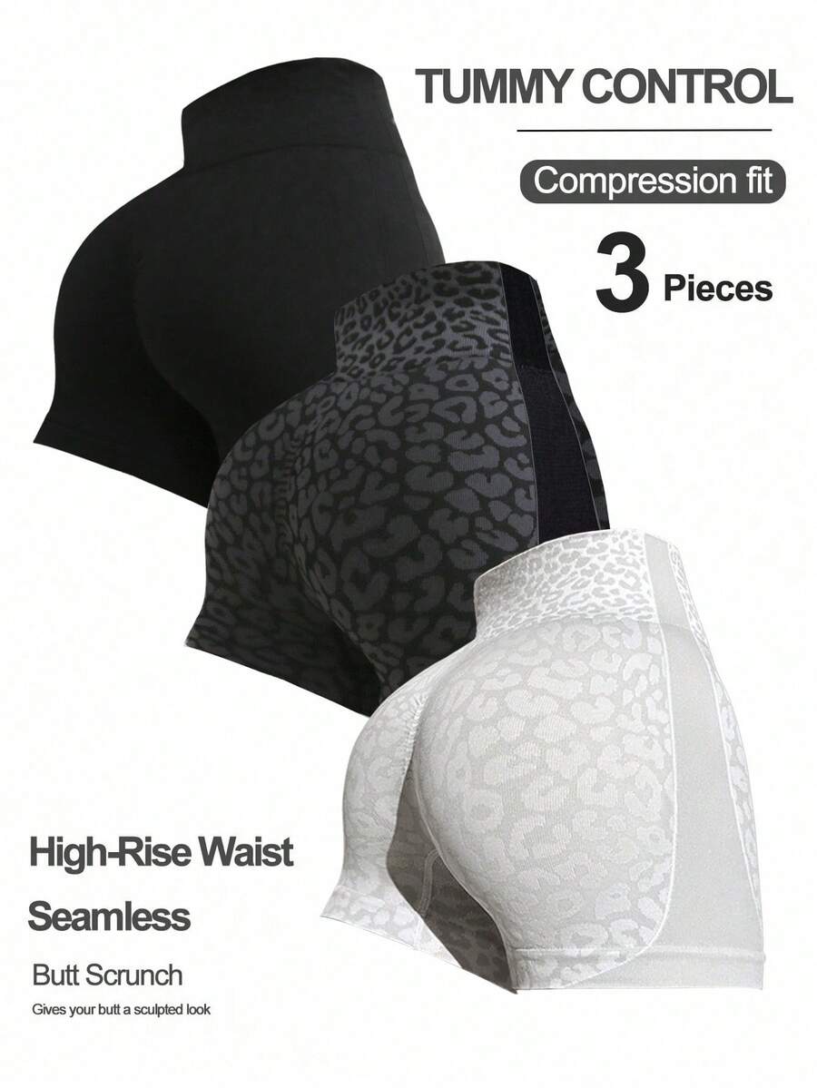 Easithlete 3 件套女式豹纹跑步、健身、瑜伽、运动短裤健身短裤 3 件套高腰短裤收腹氨纶短裤收腹女式高腰无缝健身短裤 - 彩色 - 查看 1