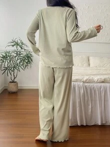 DAZY 简约字母拼接宽松针织女式家居服套装，秋冬装，舒适休闲装 - 綠色 - 查看 2