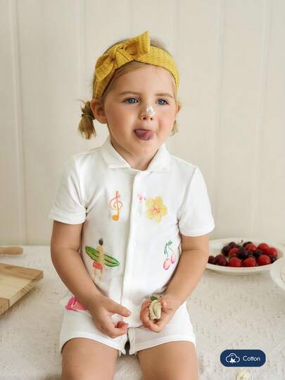 Joliand Joliand 1pc Baby Boy Girl Cute Coconut Tree Pattern White Knit Short Sleeve Shirt & Shorts Romper, Summer Casual Vacation Daily Travel Party Outfit