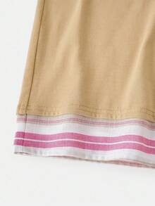 Joliand Joliand 1pc Tween Boy Pink And White Stripe Patchwork Beige Short Sleeve T-Shirt,Summer Casual School Urban Vacation Stylish Daily Wear Outing Travel Tee - Khaki - View 5