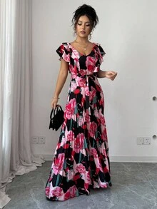 Elenzga Halloween V-Neck Digital Print Vacation Style Ruffle Waist A-Line Elegant Romantic Women Dress - Multicolor - View 4