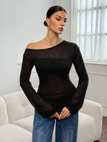 SHEIN Tall T-shirt noir d'automne basique sexy et chic pour femmes, couleur unie, col incliné, manches longues, top décontracté ample et transparent avec épaules dénudées, pour femmes grandes - Noir - Voir 9