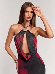 SHEIN BAE 女士时尚性感花卉印花低胸露背连衣裙 - 黑色 - 查看 4