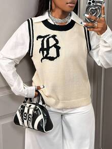 BamGleam Women's Knit Vest, Black & Beige Color Block, Sleeveless, Round Neck, Loose, Casual, Street Style - Apricot - View 6