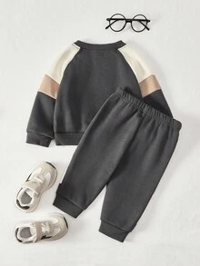 Cozy Pixies 2pcs/Set Baby Boy Contrast Color Round Neck Raglan Sleeve Pullover Sweatshirt And Elastic Waist Pants Outfit - Grey - View 2
