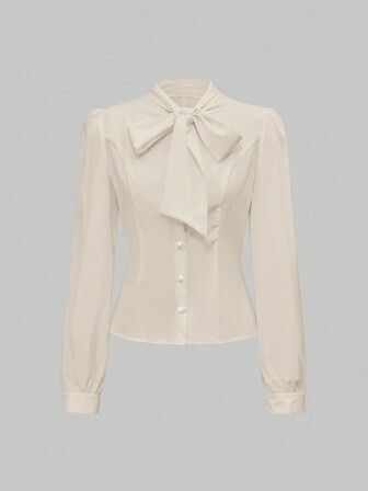 Kawaii Chemise élégante à manches longues et couleur unie avec nœuds papillon aux poignets, polyvalente pour femmes