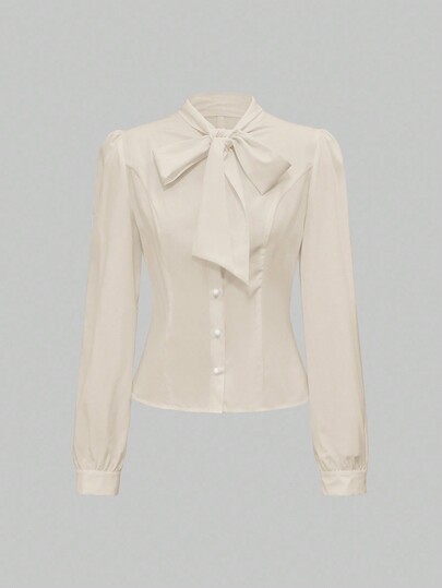 Kawaii Chemise élégante à manches longues et couleur unie avec nœuds papillon aux poignets, polyvalente pour femmes