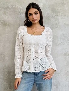 SHEIN Unity 女士休闲长袖纯色方领腰部收腰纽扣设计衬衫 - 白色 - 查看 4