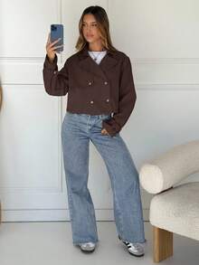 SHEIN EZwear Women's Solid Color Double-Breasted Casual Long Sleeve Woven Jacket,Fall,Brown Jacket Cropped Blazer Brown Blazer Women Cropped Jacket