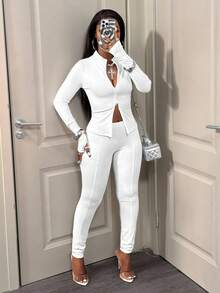 BamGleam 2pcs/Set Casual Solid Color Slim Fit Long Sleeve Top And Pants