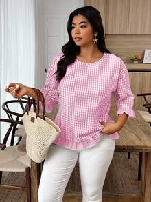 Weeklong Plus Size Women Plaid Round Neck 3/4 Sleeve Loose Casual Shirt